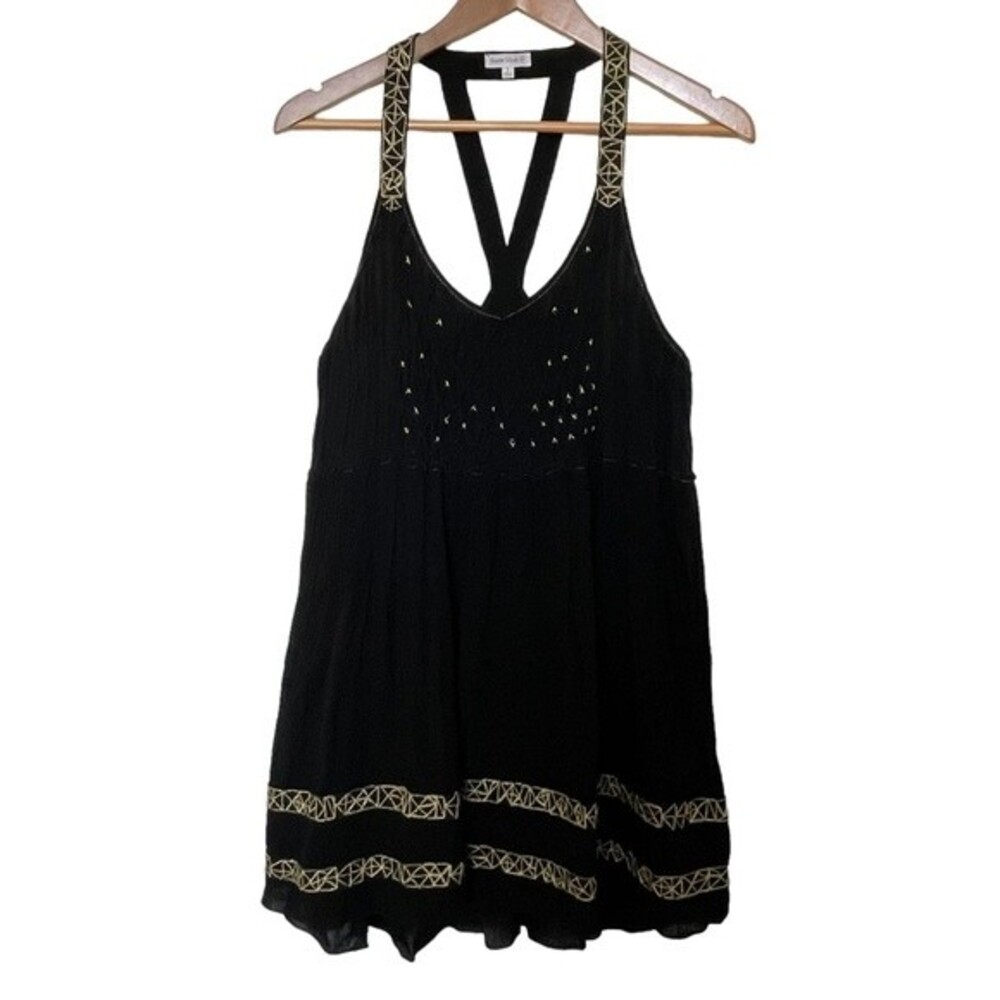 Poupette St. Barth Black and Gold Embroidered Racerback Mini Dress. Size S.